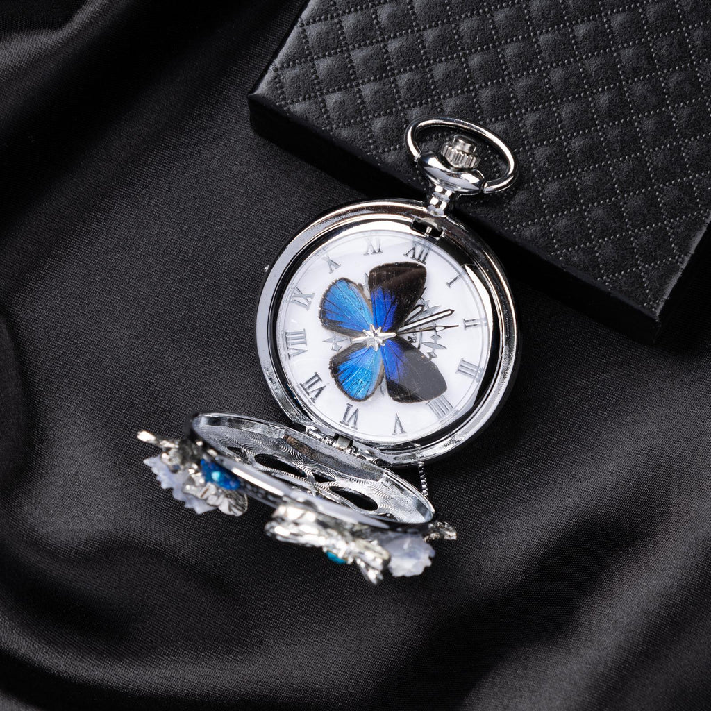 Oryeia Handmade Blue Morpho Butterfly Pocket Watch Silver Chain