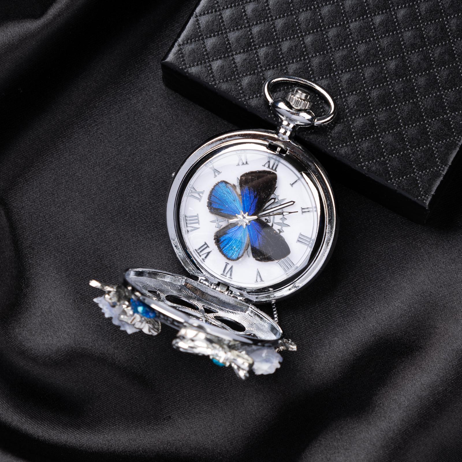 Oryeia Handmade Blue Morpho Butterfly Pocket Watch Silver Chain