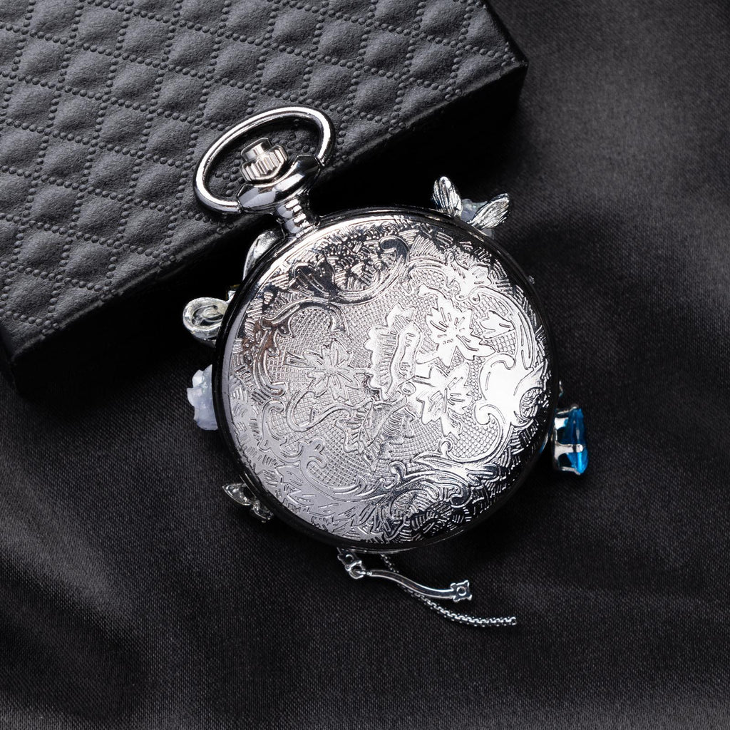 Oryeia Handmade Blue Morpho Butterfly Pocket Watch Silver Chain