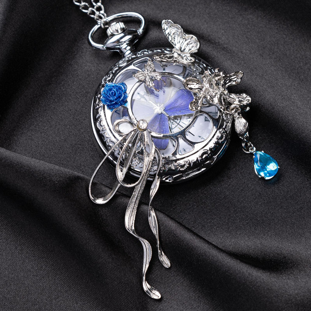 Oryeia Handmade Purple Butterfly Specimen Pocket Watch Necklace