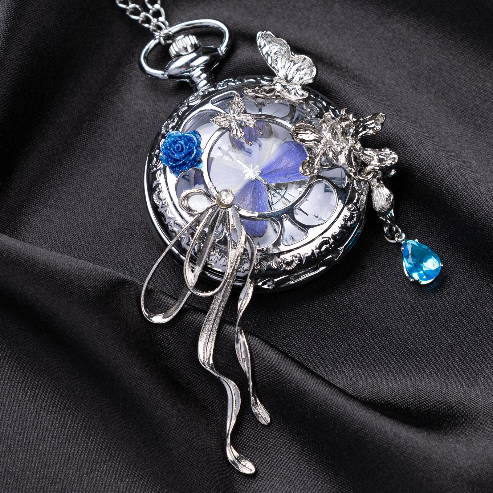 Oryeia Handmade Purple Butterfly Specimen Pocket Watch Necklace