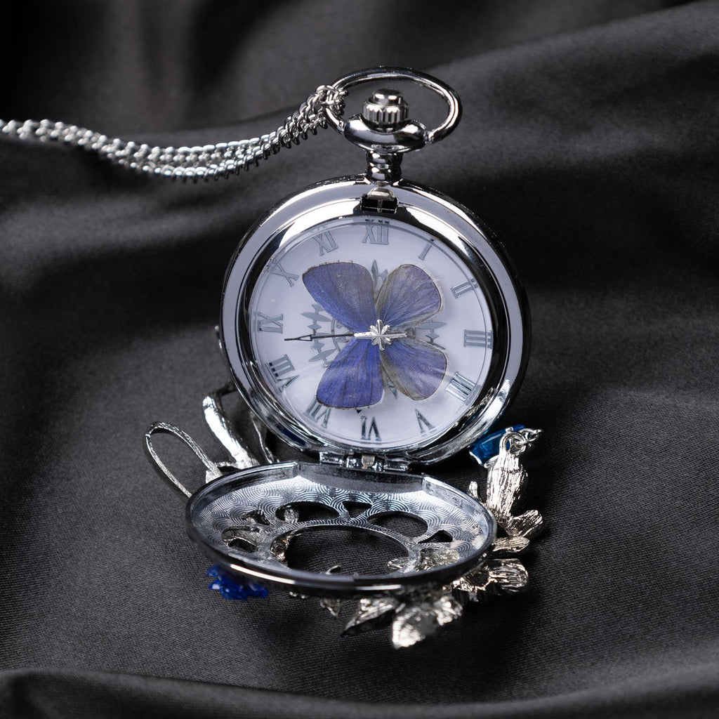 Oryeia Handmade Purple Butterfly Specimen Pocket Watch Necklace
