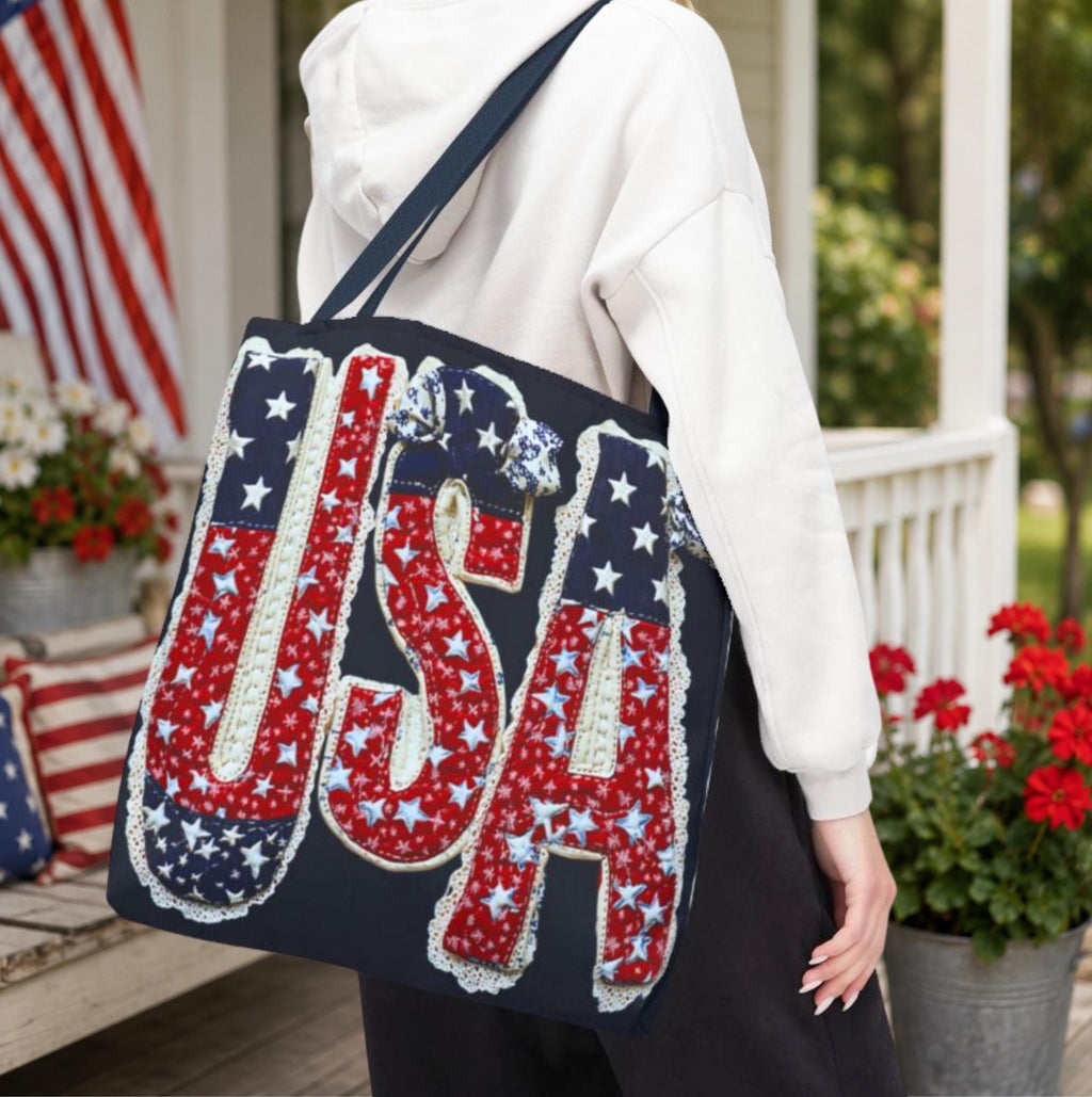 USA Tote Bag Faux Embroidered American Flag Fourth of July