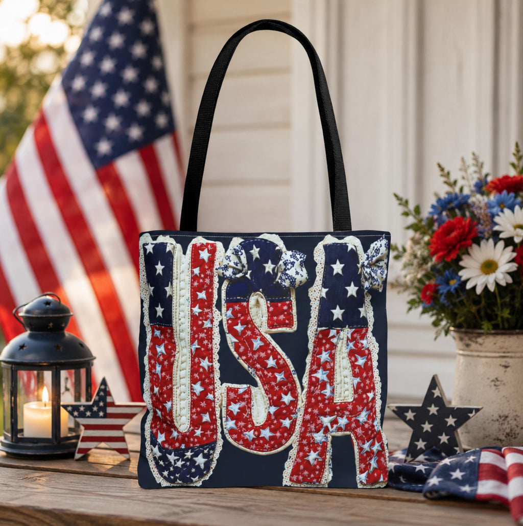 USA Tote Bag Faux Embroidered American Flag Fourth of July