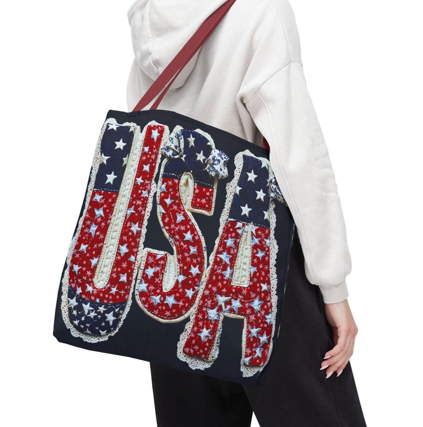 USA Tote Bag Faux Embroidered American Flag Fourth of July