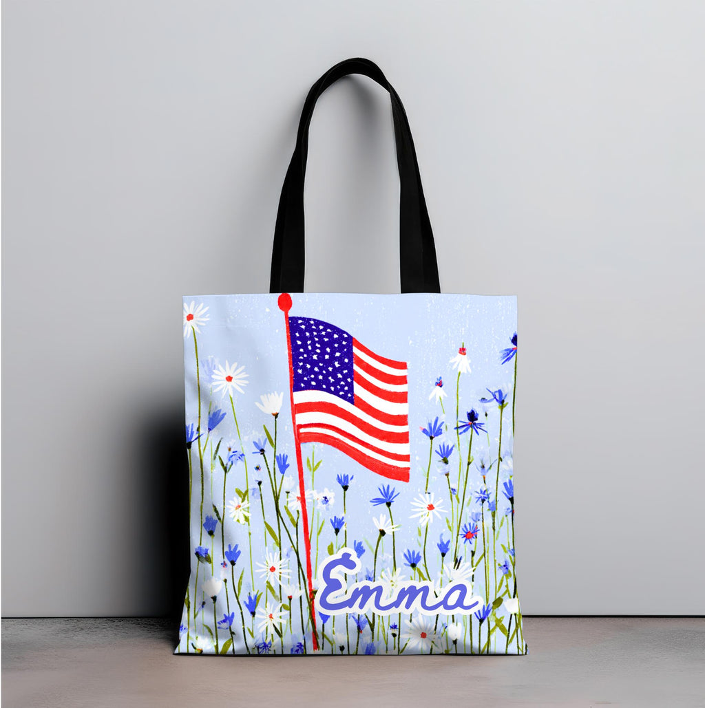 Floral American Flag Tote Bag, Wildflower USA Patriotic Tote
