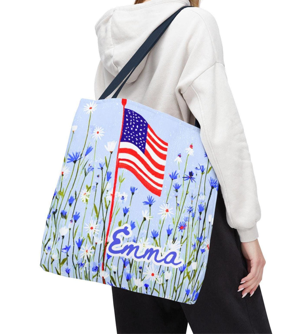 Floral American Flag Tote Bag, Wildflower USA Patriotic Tote