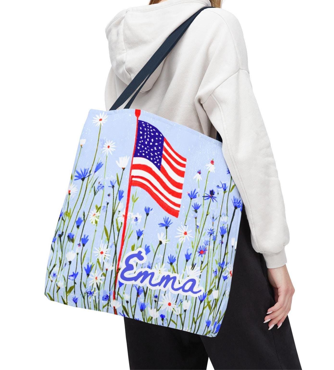 Floral American Flag Tote Bag, Wildflower USA Patriotic Tote