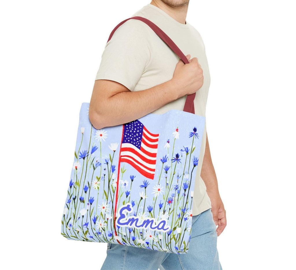 Floral American Flag Tote Bag, Wildflower USA Patriotic Tote