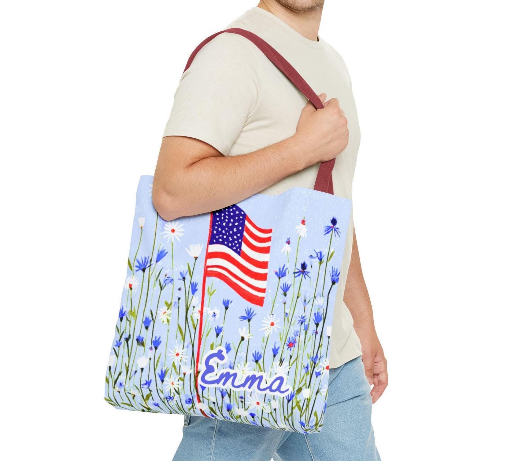 Floral American Flag Tote Bag, Wildflower USA Patriotic Tote