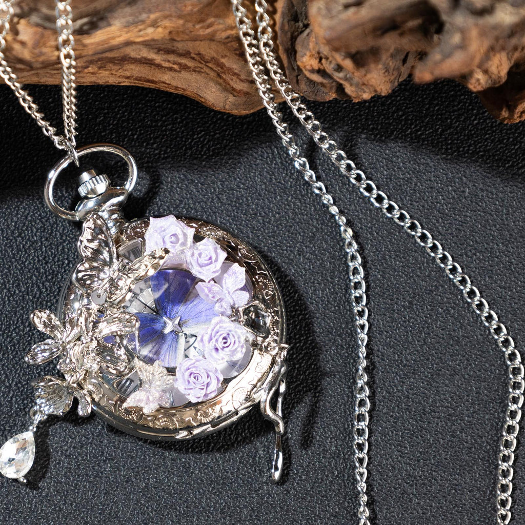 Oryeia Handcrafted Butterfly Pocket Watch Necklace with Preserved Wing Dial