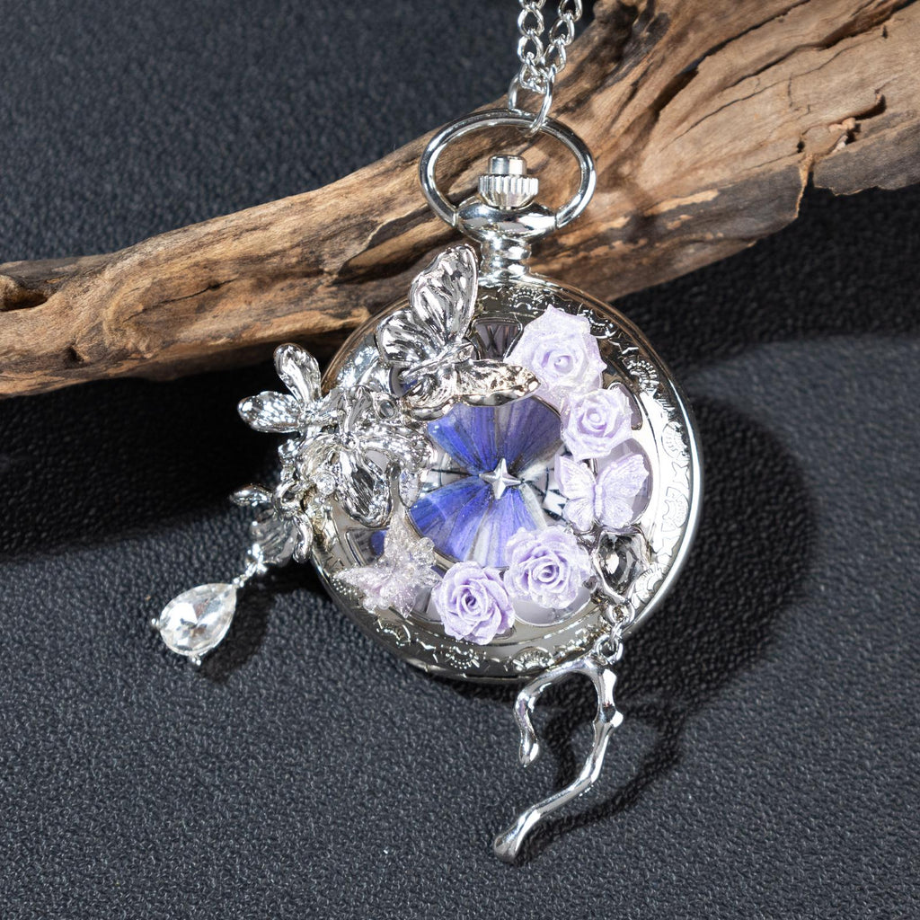 Oryeia Handcrafted Butterfly Pocket Watch Necklace with Preserved Wing Dial