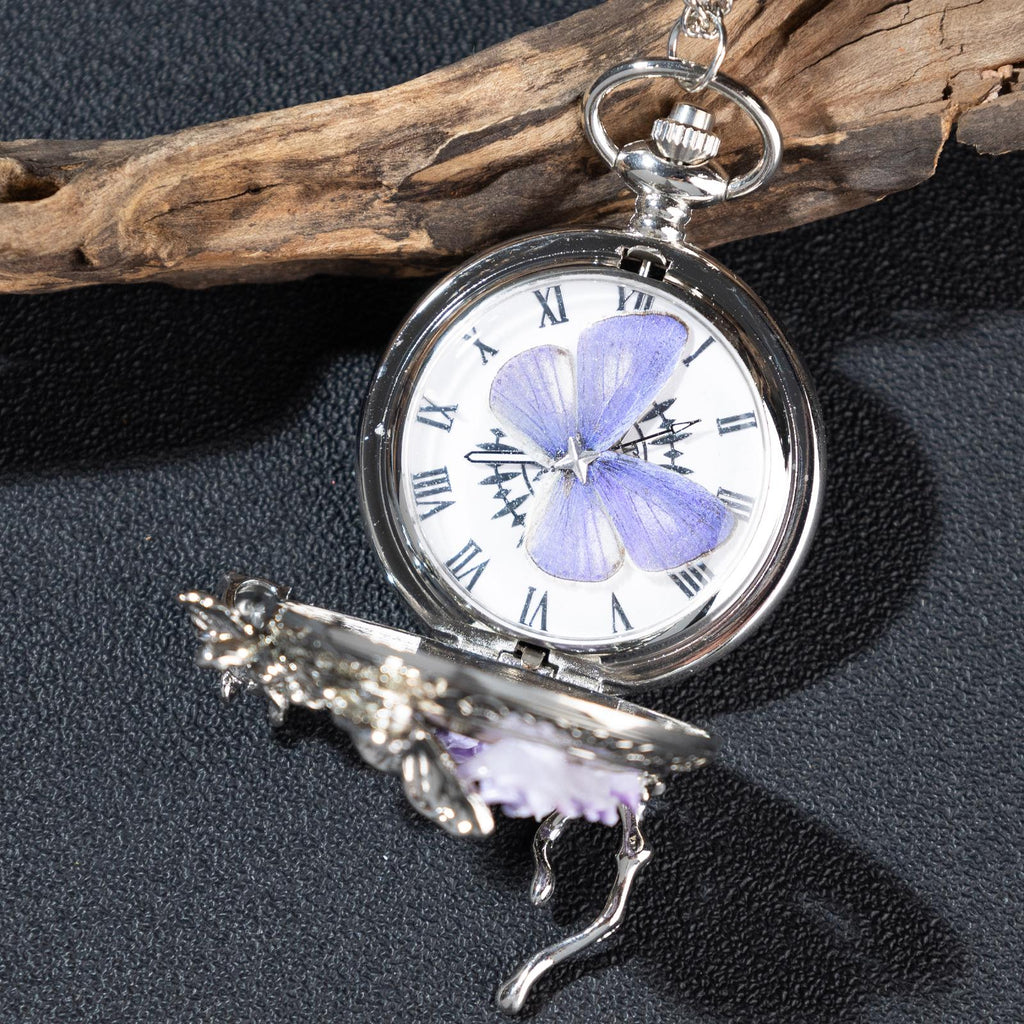Oryeia Handcrafted Butterfly Pocket Watch Necklace with Preserved Wing Dial