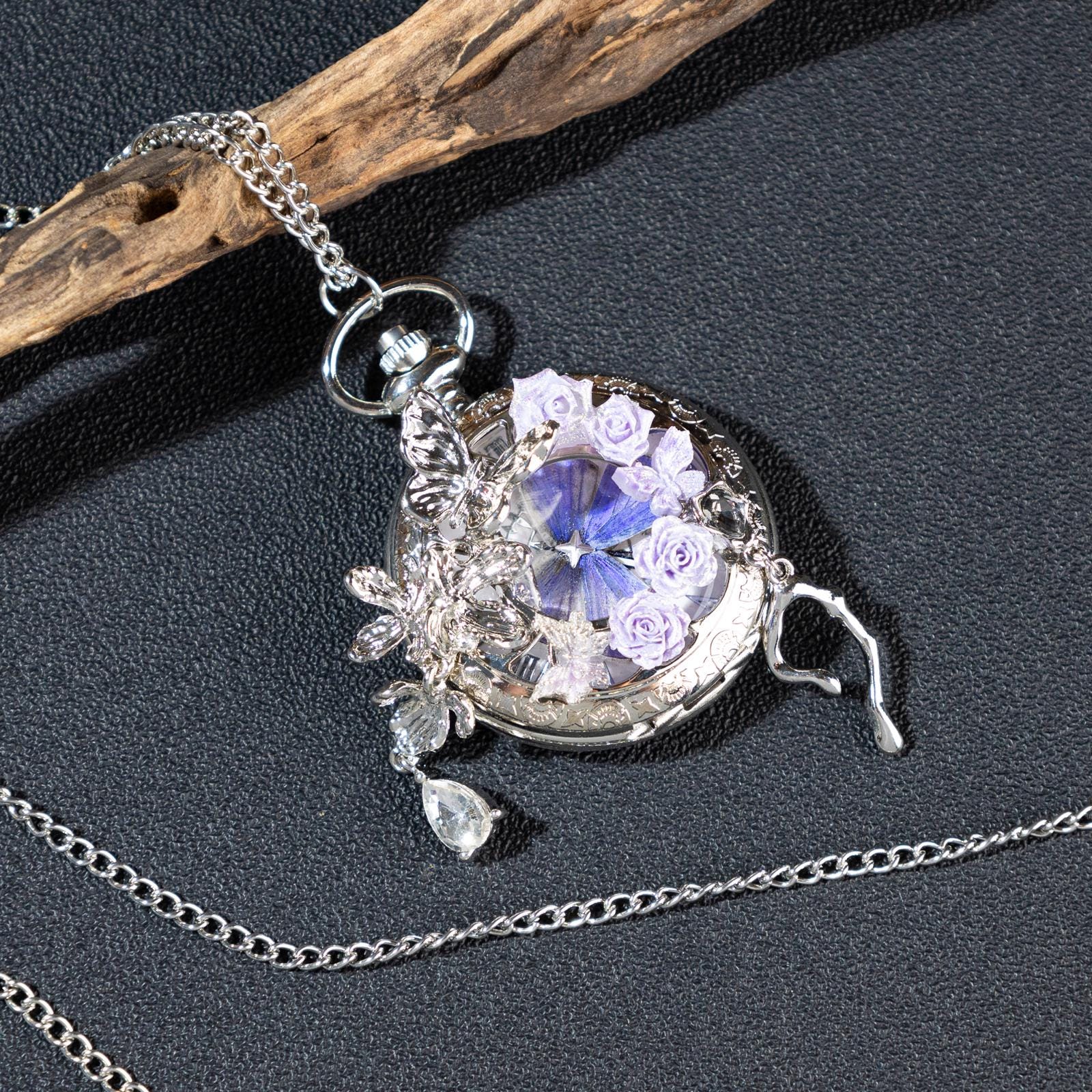 Oryeia Handcrafted Butterfly Pocket Watch Necklace with Preserved Wing Dial