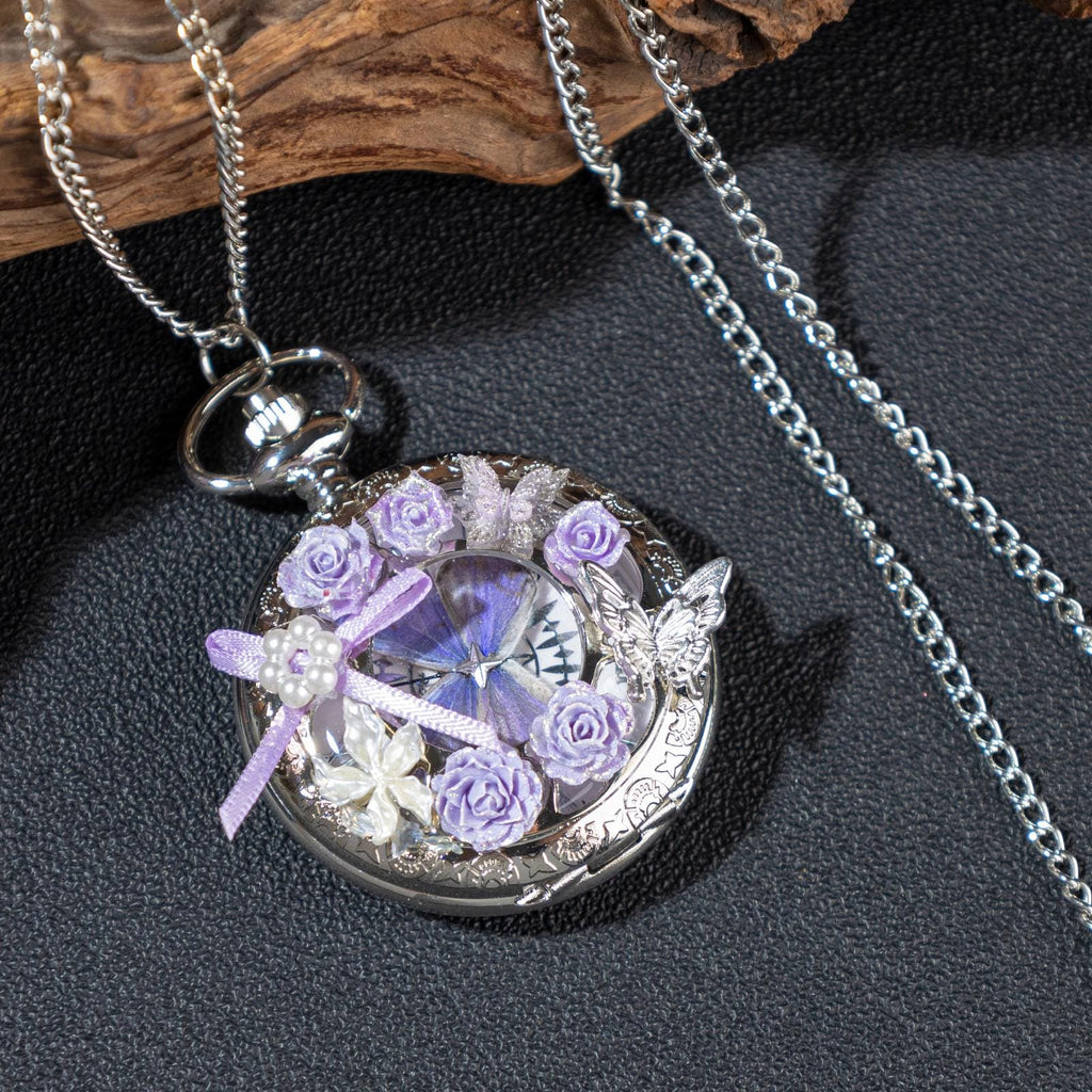 Oryeia Pure Handmade Butterfly Pocket Watch Necklace Lavender Silver