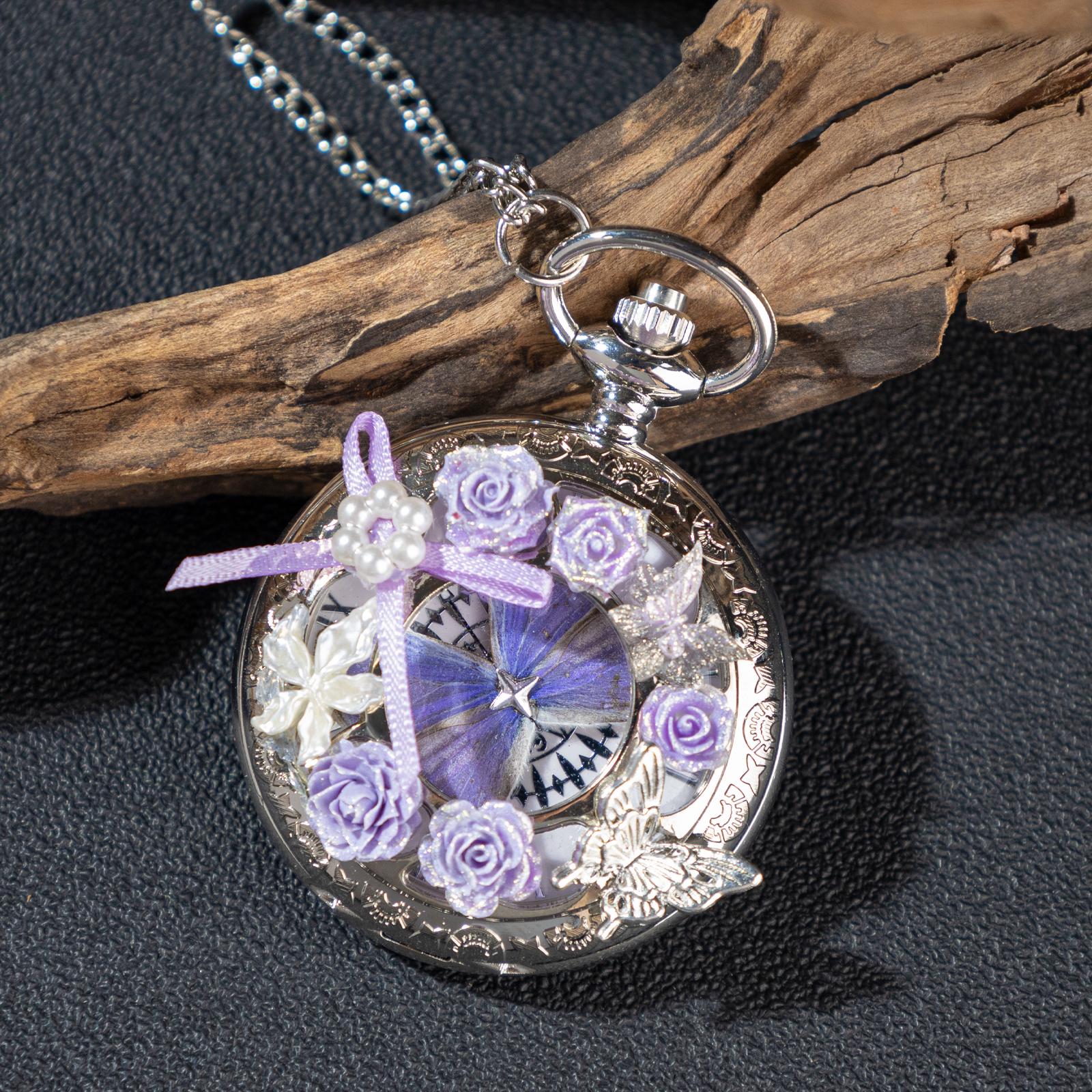 Oryeia Pure Handmade Butterfly Pocket Watch Necklace Lavender Silver
