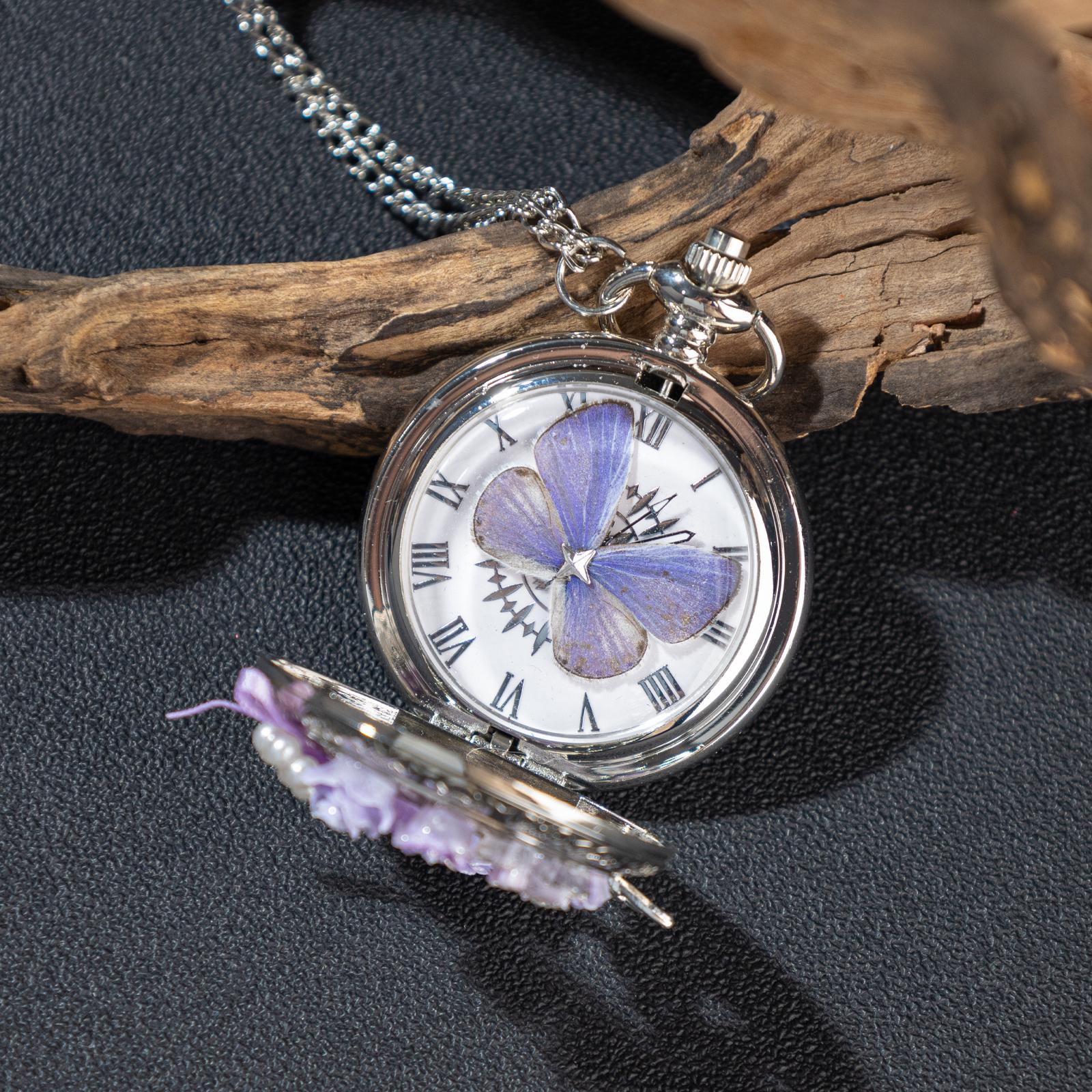 Oryeia Pure Handmade Butterfly Pocket Watch Necklace Lavender Silver