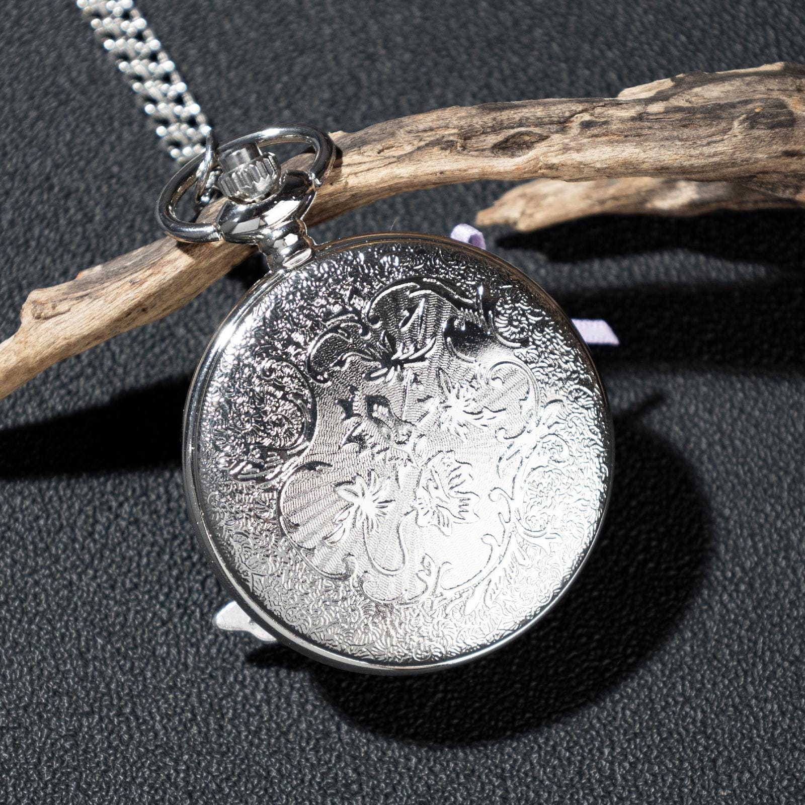 Oryeia Pure Handmade Butterfly Pocket Watch Necklace Lavender Silver