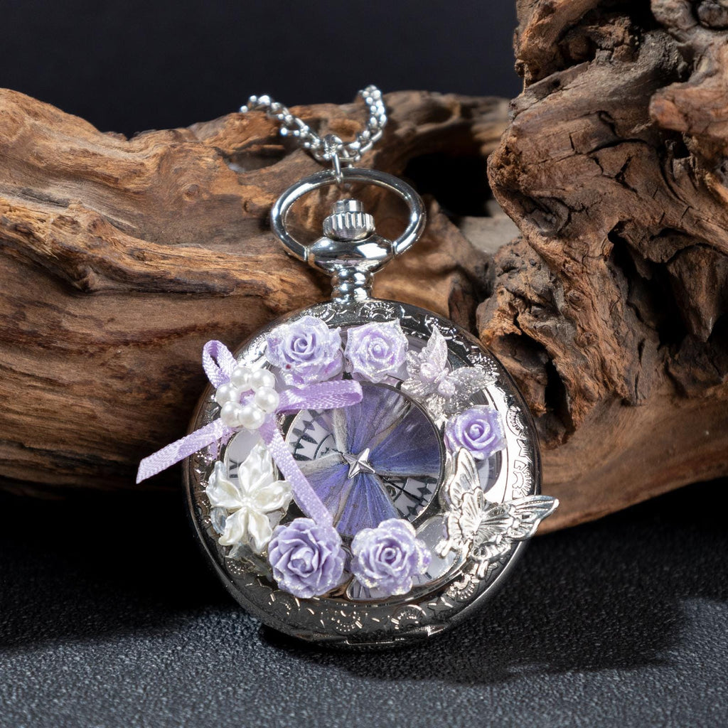 Oryeia Pure Handmade Butterfly Pocket Watch Necklace Lavender Silver