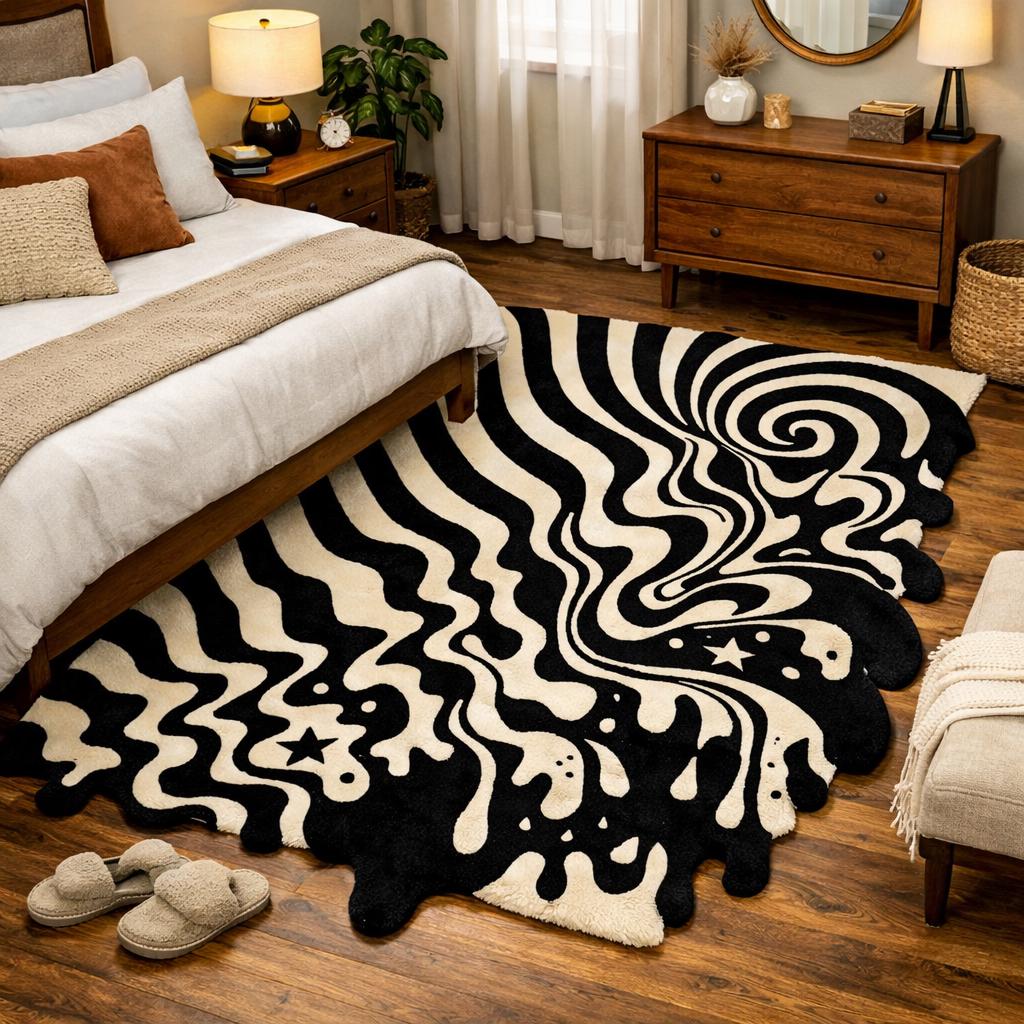 RugverseCreations Melting Wave Hand Tufted Area Rug Black Cream