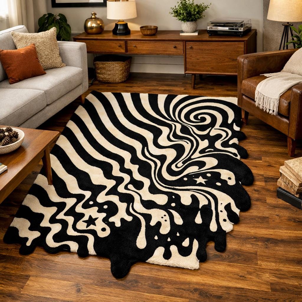 RugverseCreations Melting Wave Hand Tufted Area Rug Black Cream