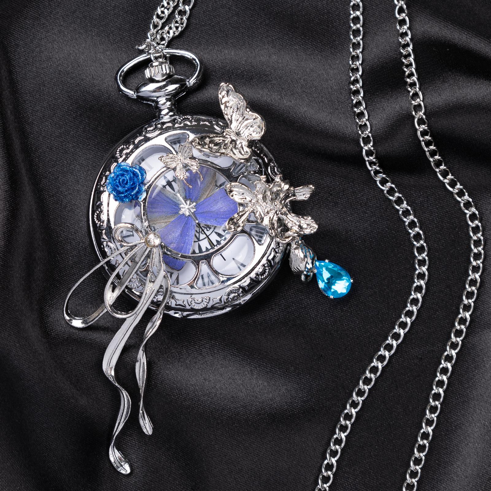 Oryeia Handmade Purple Butterfly Specimen Pocket Watch Necklace