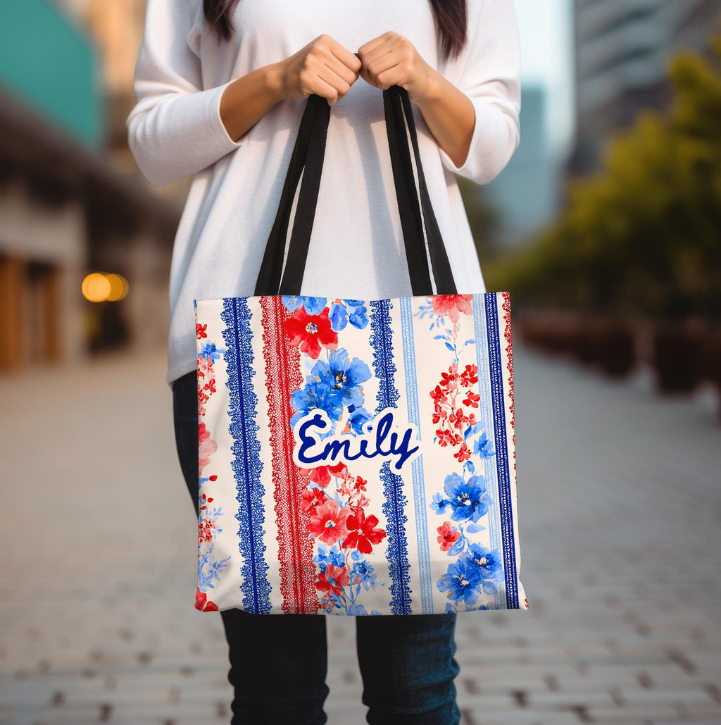 Personalized Patriotic Wildflower Tote Bag Red White Blue Floral