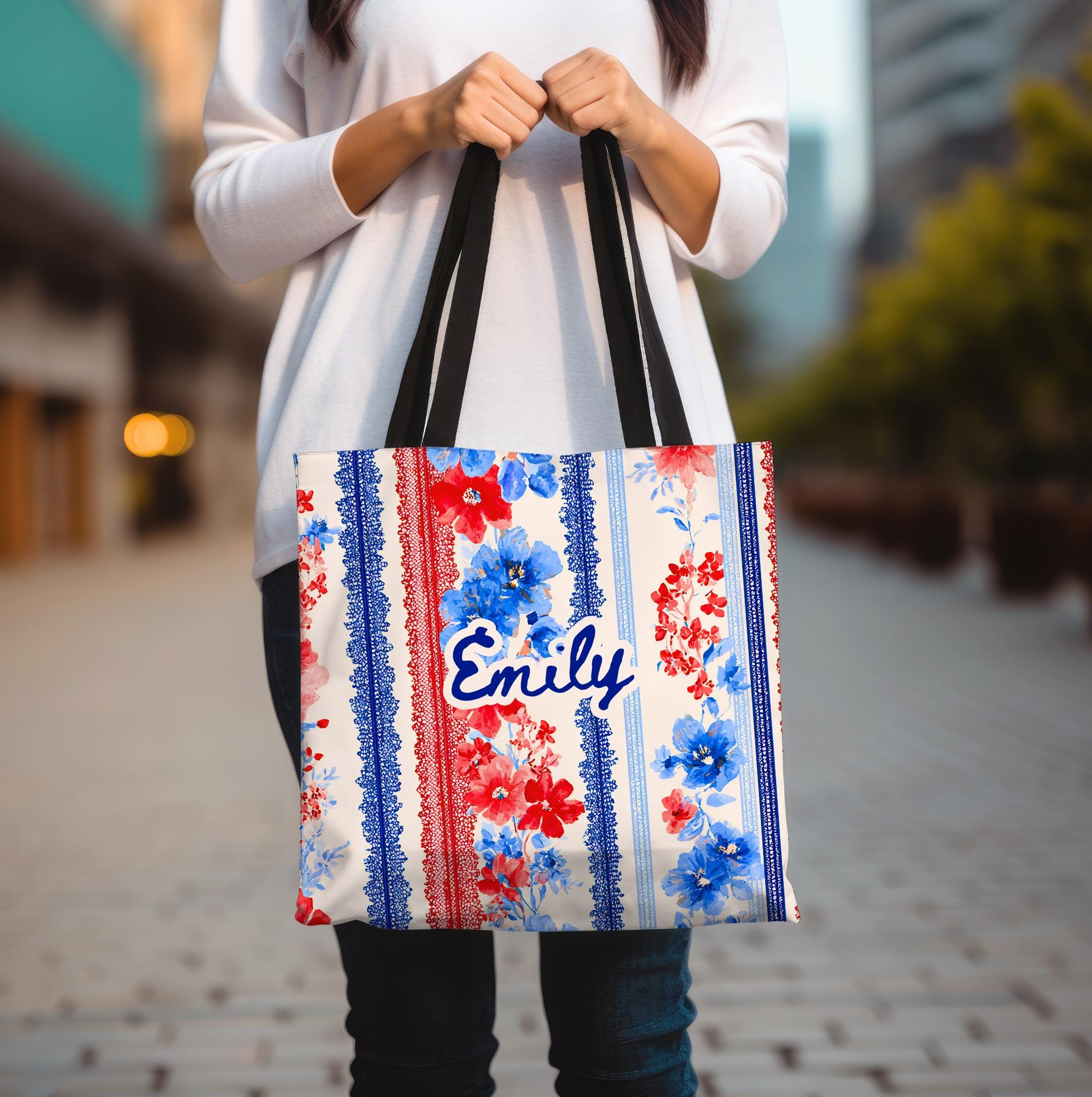 Personalized Patriotic Wildflower Tote Bag Red White Blue Floral