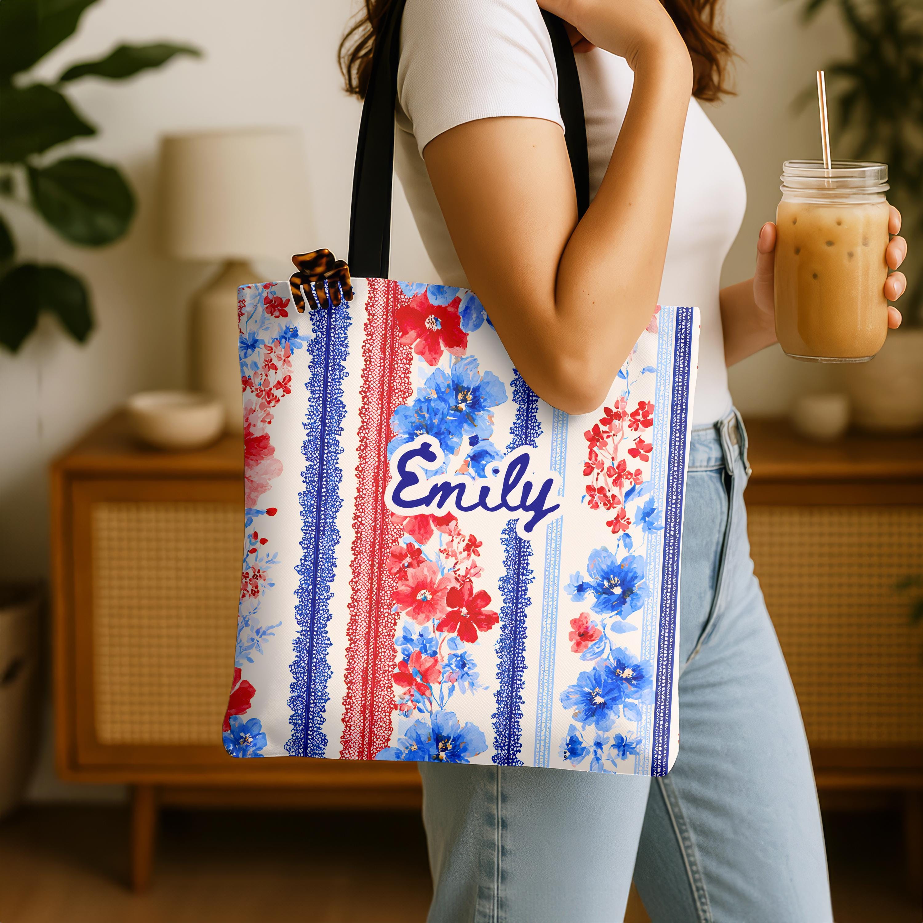 Personalized Patriotic Wildflower Tote Bag Red White Blue Floral