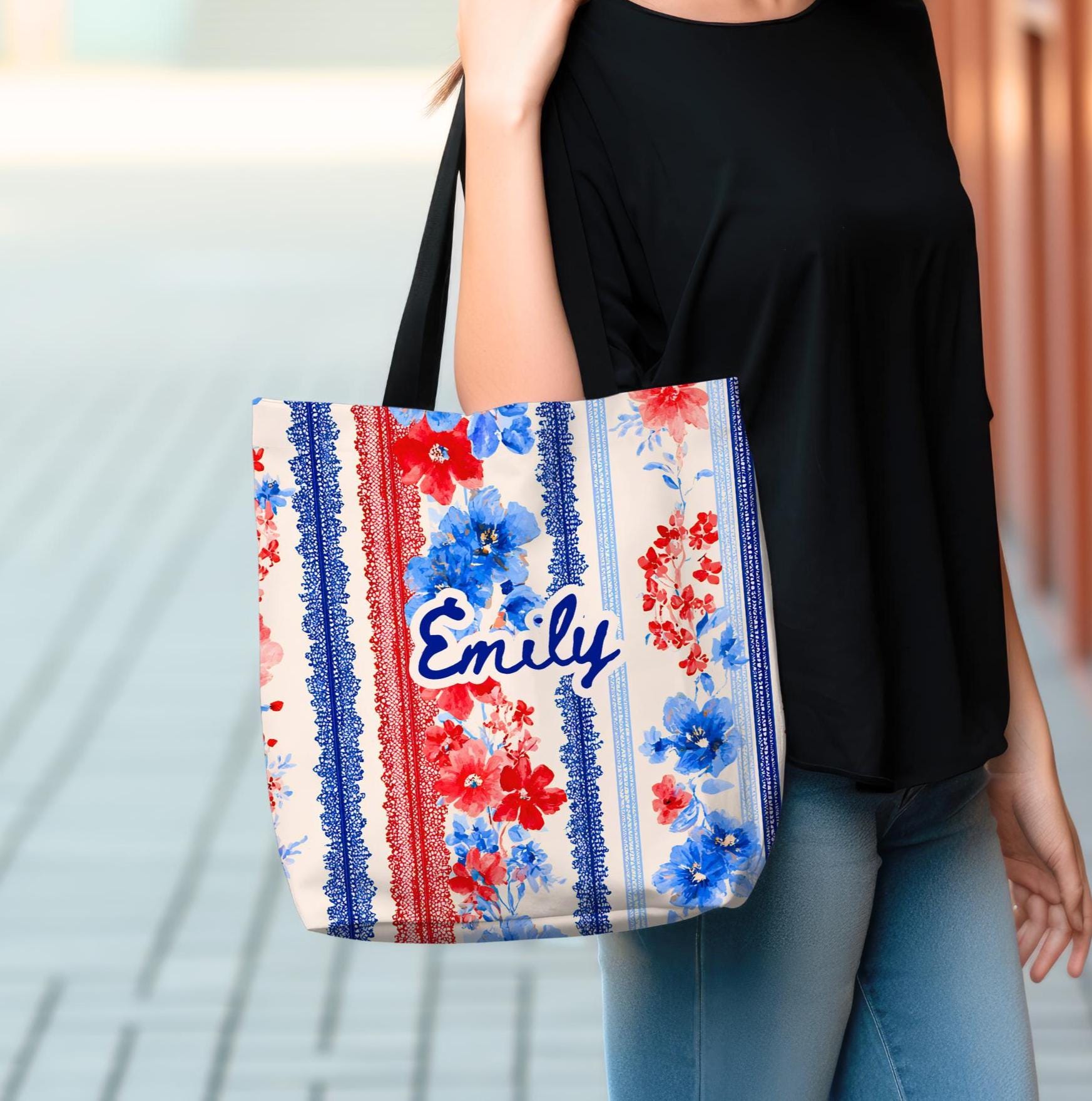 Personalized Patriotic Wildflower Tote Bag Red White Blue Floral