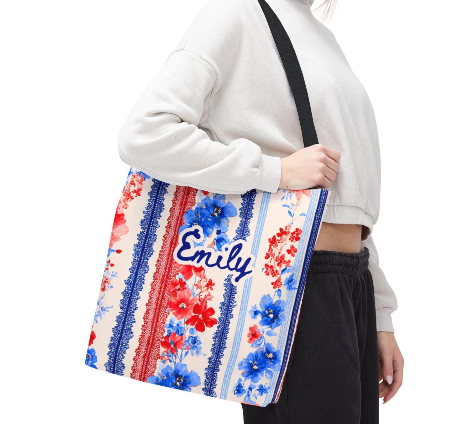 Personalized Patriotic Wildflower Tote Bag Red White Blue Floral
