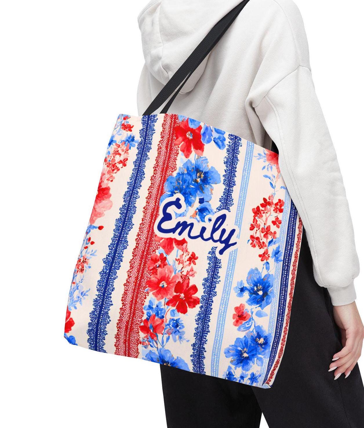 Personalized Patriotic Wildflower Tote Bag Red White Blue Floral
