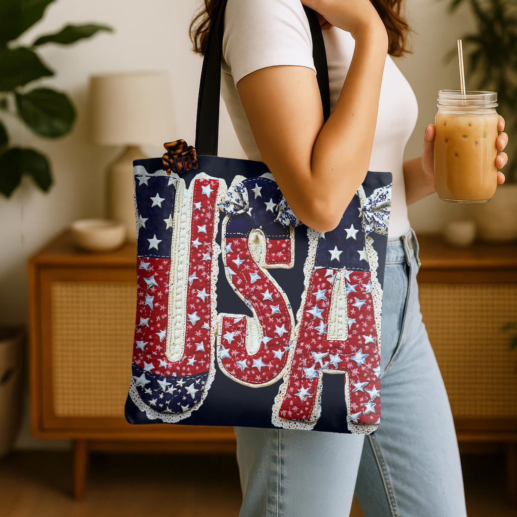 USA Tote Bag Faux Embroidered American Flag Fourth of July