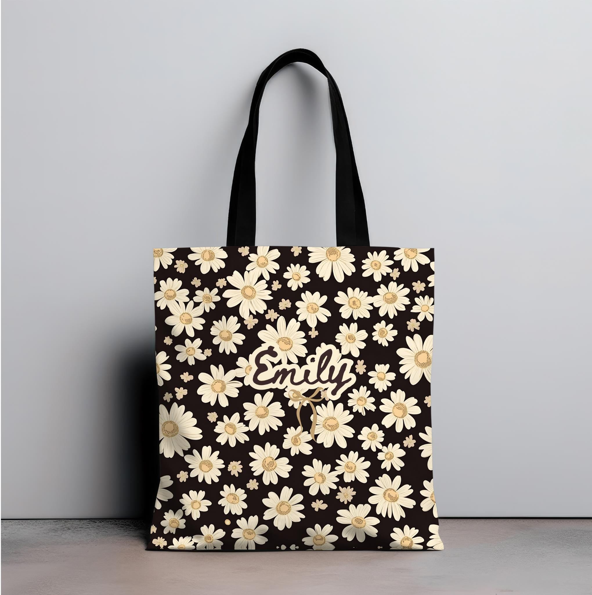 Personalized Wildflower Daisy Tote Bag, Custom Name Boho Floral Everyday Bag