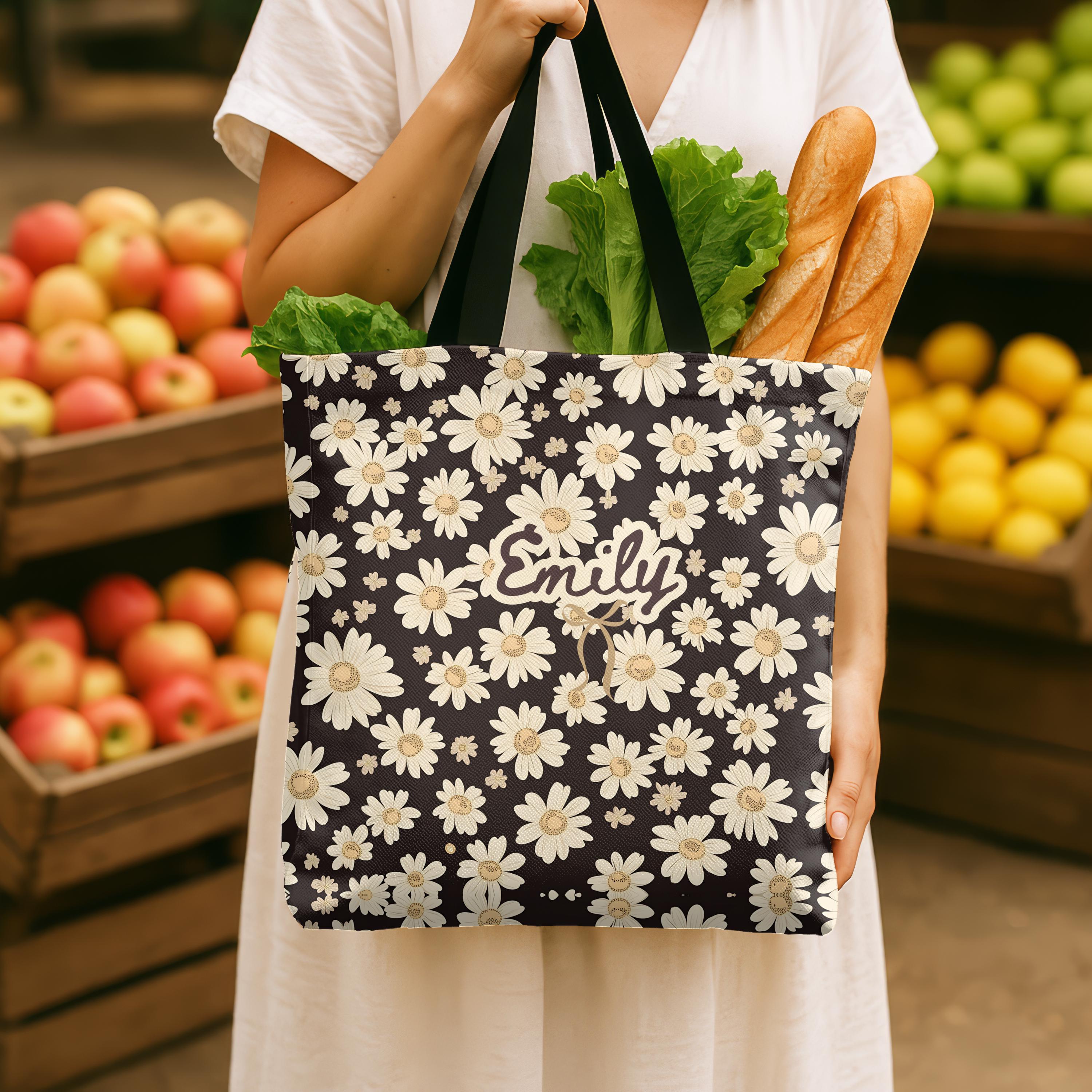 Personalized Wildflower Daisy Tote Bag, Custom Name Boho Floral Everyday Bag
