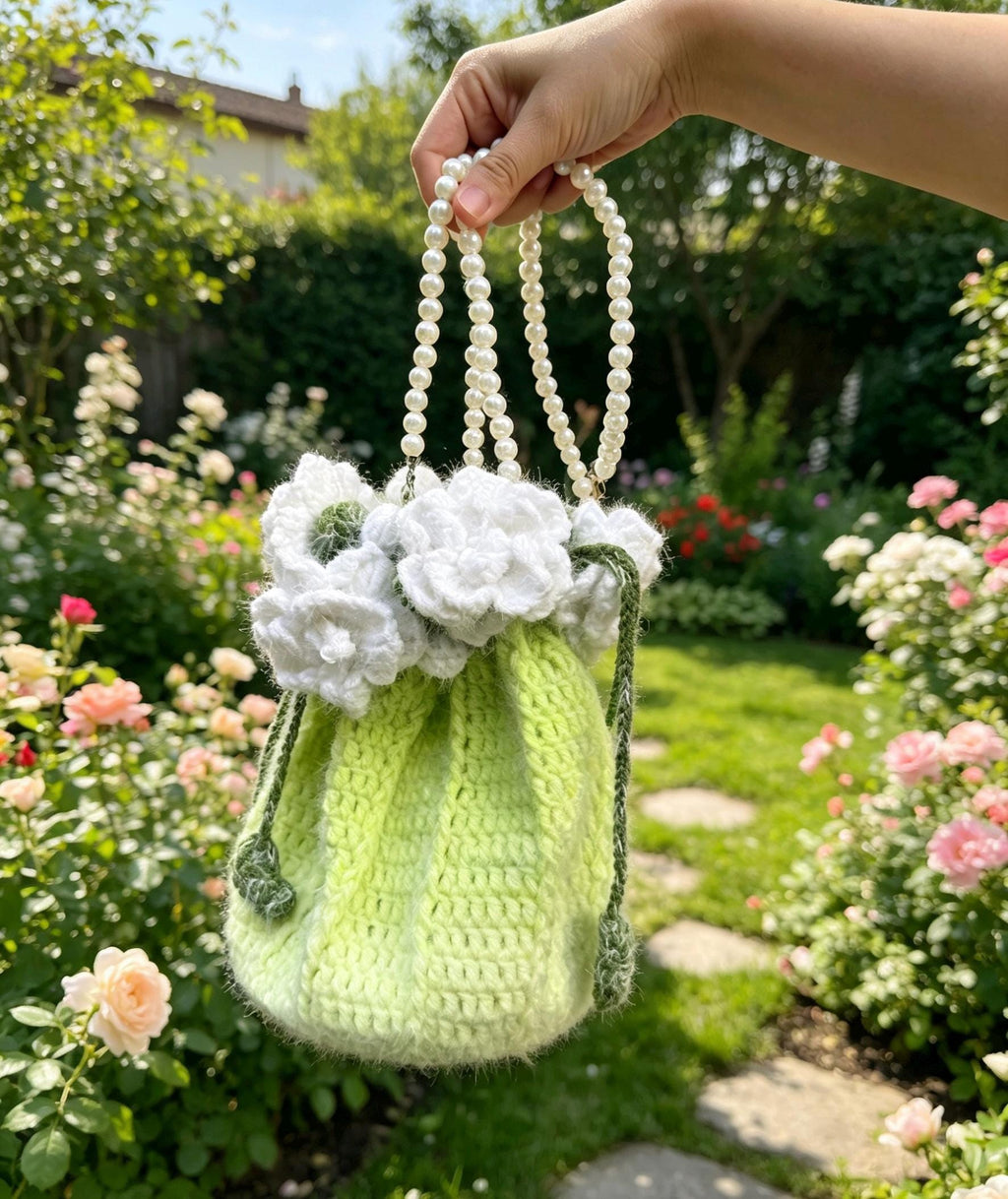 CrochetRecipe Handmade Crochet Flower Tote Drawstring Bag Pearl