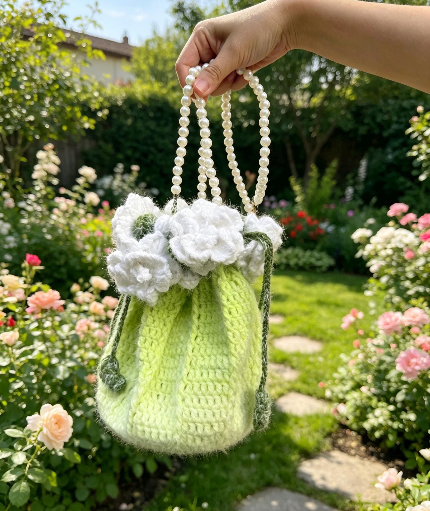 CrochetRecipe Handmade Crochet Flower Tote Drawstring Bag Pearl