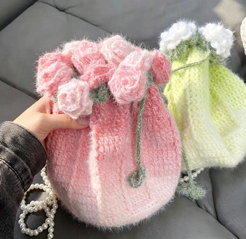 CrochetRecipe Handmade Crochet Flower Tote Drawstring Bag Pearl
