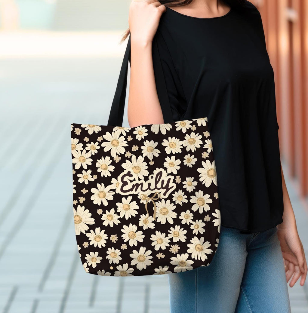 Personalized Wildflower Daisy Tote Bag, Custom Name Boho Floral Everyday Bag