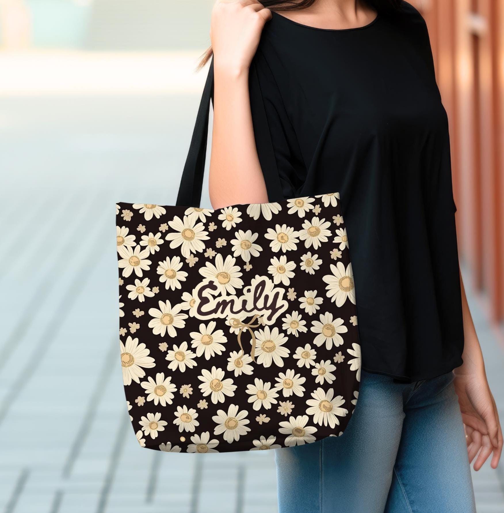 Personalized Wildflower Daisy Tote Bag, Custom Name Boho Floral Everyday Bag