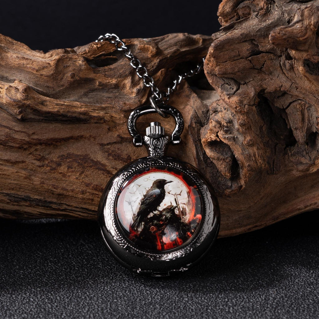 Oryeia Vintage Raven Gothic Pocket Watch Necklace Black Gunmetal