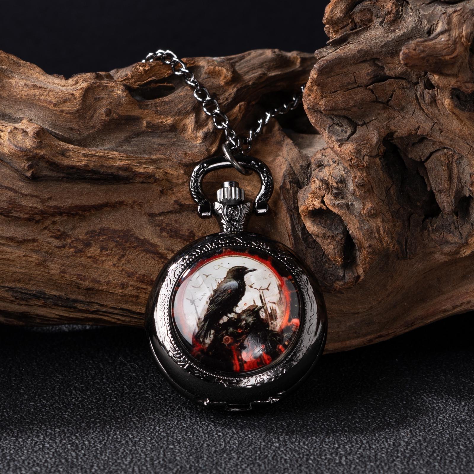 Oryeia Vintage Raven Gothic Pocket Watch Necklace Black Gunmetal