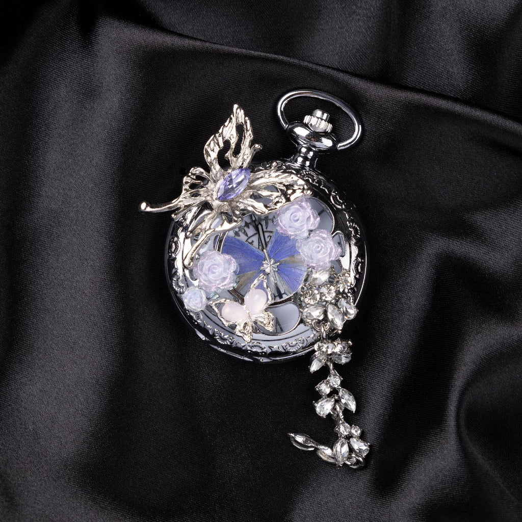 Oryeia Handmade Purple Butterfly Specimen Pocket Watch Necklace