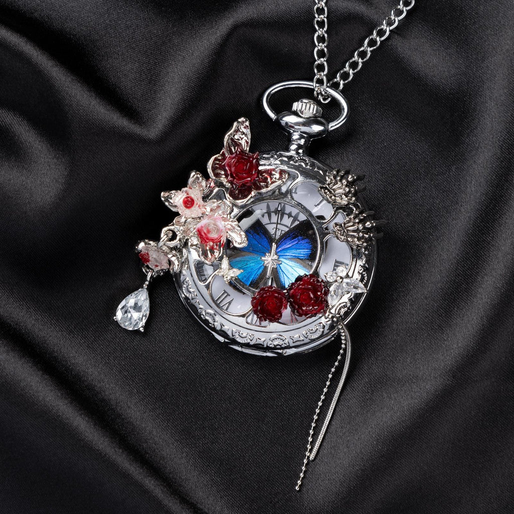 Oryeia Real Blue Morpho Butterfly Wing Pocket Watch Necklace Gothic