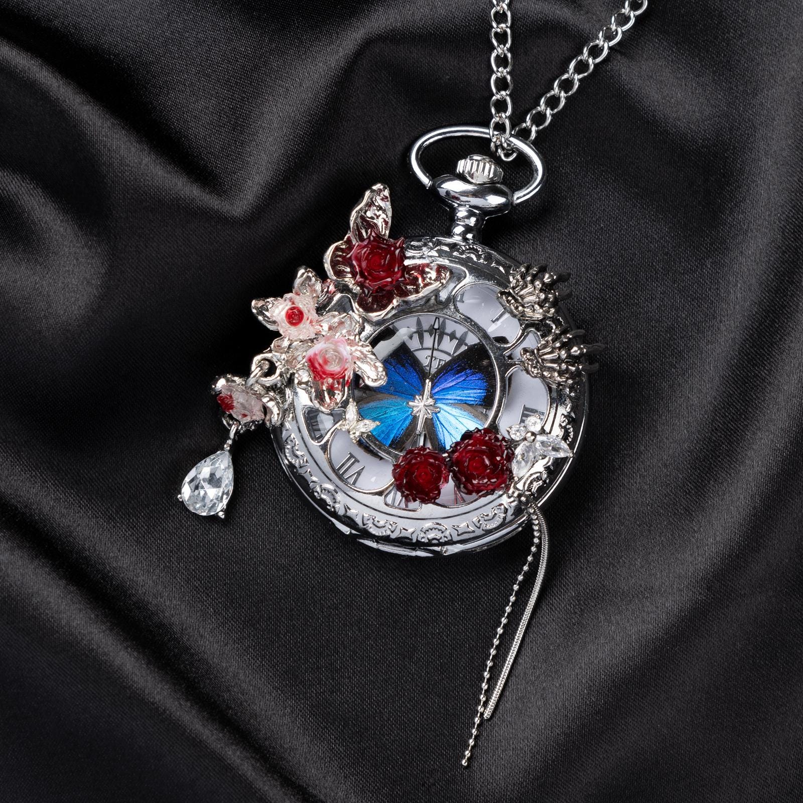 Oryeia Real Blue Morpho Butterfly Wing Pocket Watch Necklace Gothic