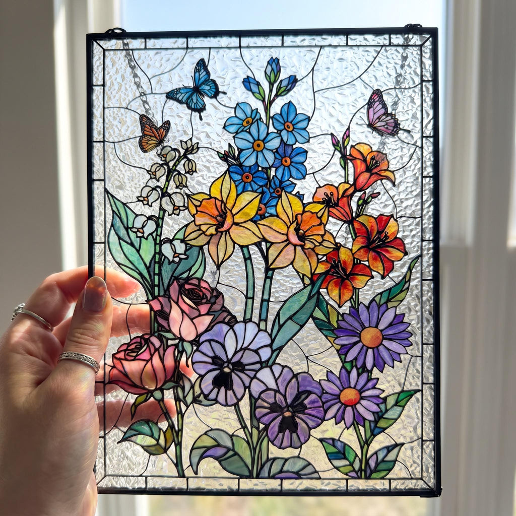 RainLine Custom Birth Flower Bouquet Stained Glass Suncatcher Personalized