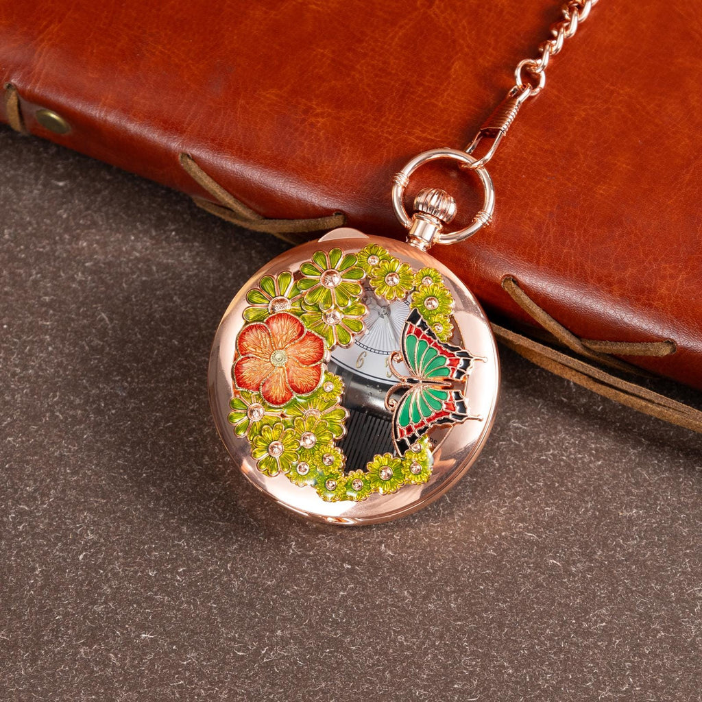 Oryeia Vintage Hollow Filigree Pocket Watch Music Box Butterfly Enamel