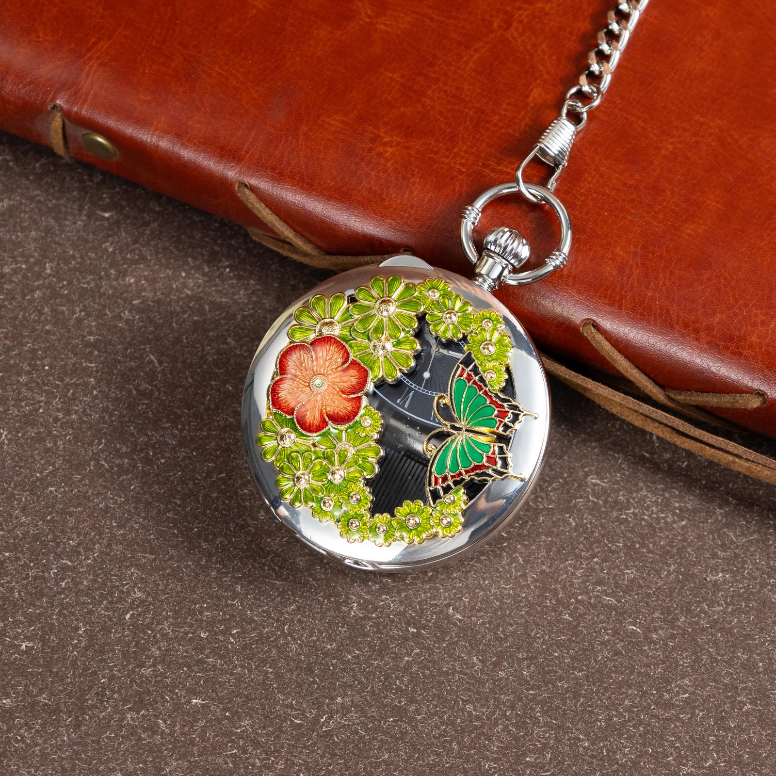 Oryeia Vintage Hollow Filigree Pocket Watch Music Box Butterfly Enamel