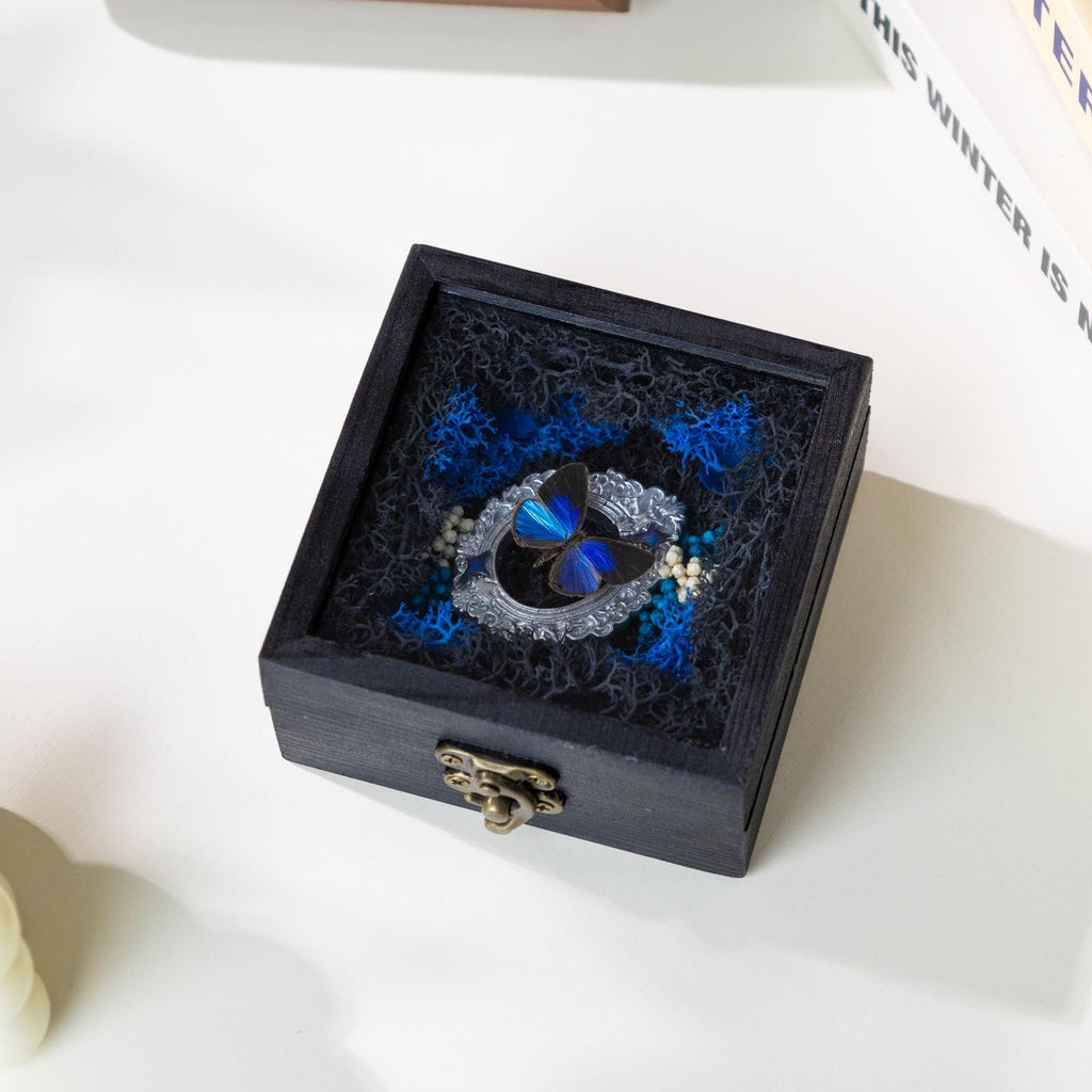 Oryeia Blue Butterfly Specimen Diorama Box With Preserved Moss