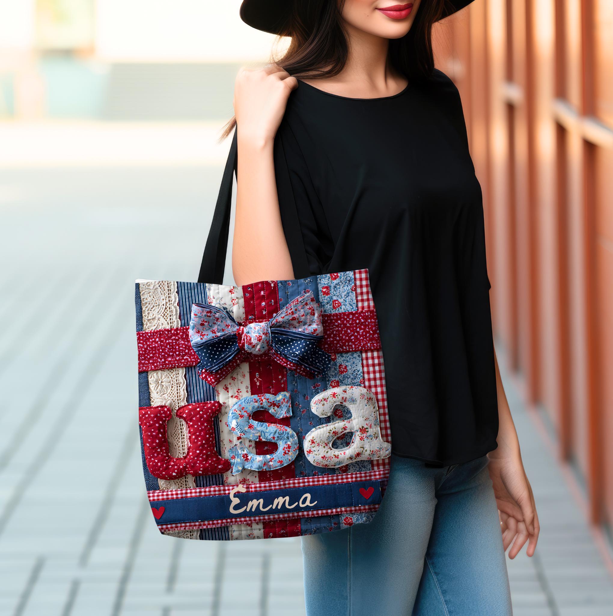 LELORESTORE Personalized Patriotic Floral Faux Patchwork Tote Bag